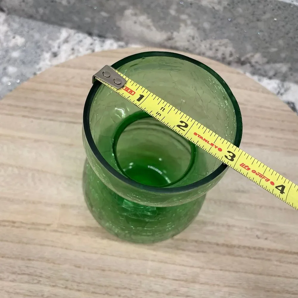 Vintage MCM Green Crackle Glass Hourglass Vase Hand Blown Art Glass 6 inch
